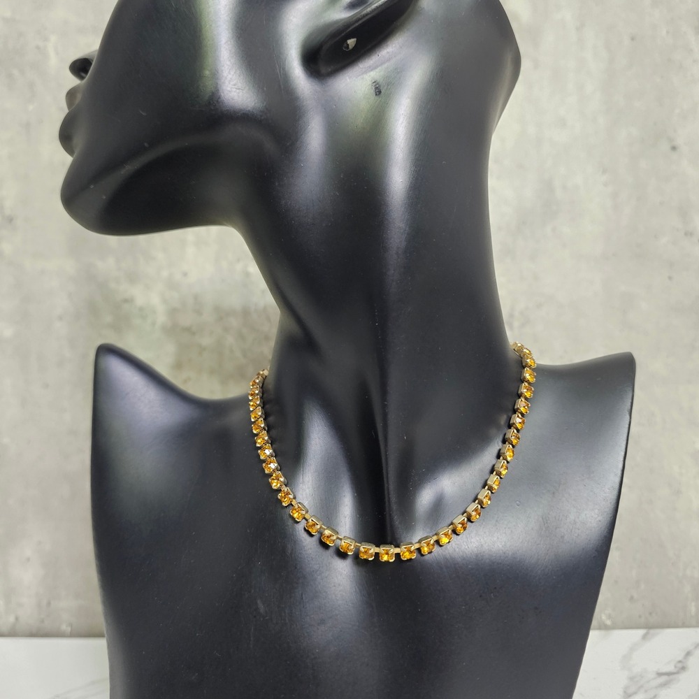 Vintage Amber Rhinestone Gold Tone Tennis Choker Necklace 10.5" Costume Jewelry